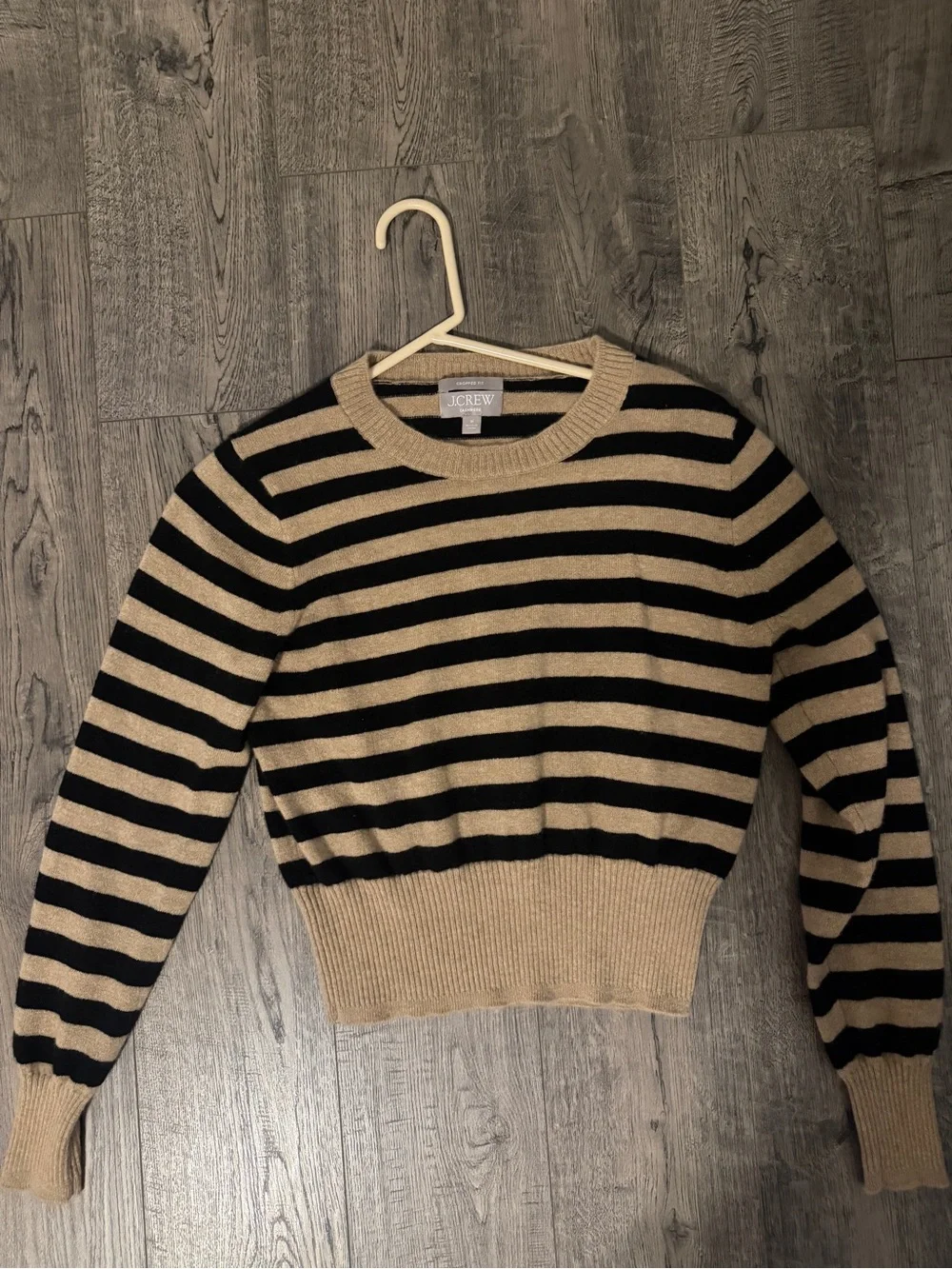 J. Crew Black and Tan Striped Cashmere Crewneck Sweater